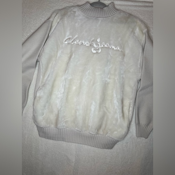 Vtg clench jeans element off white faux fur front sweater X-Large 90s hip hop - Picture 5 of 10